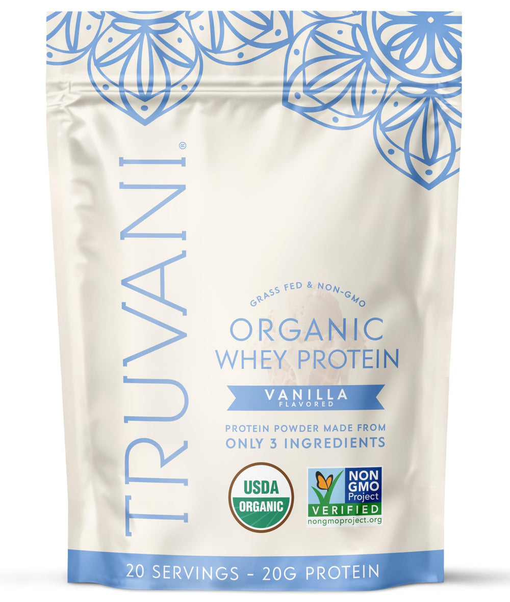 Truvani Organic Whey Protein Vanilla bottle for quick, clean nutrition.