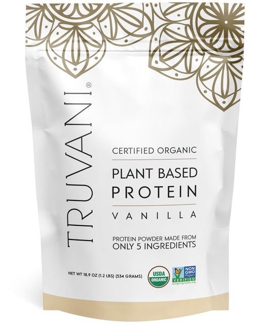 Truvani vanilla protein bottle showing clean ingredients for vegan nutrition
