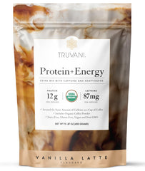 Truvani Protein + Energy Drink Mix vanilla latte bottle provides on-the-go energy.