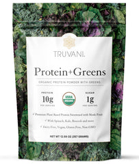 Truvani Protein + Greens bottle highlights 10g plant protein for daily nutrition.