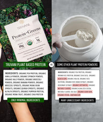 Truvani Protein + Greens glass with shake, convenient for quick meals.