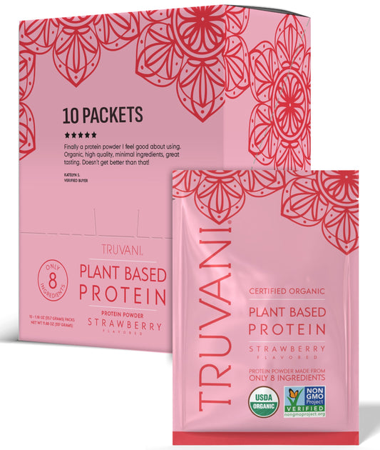 Truvani strawberry pea protein powder packet for on the go protein boost