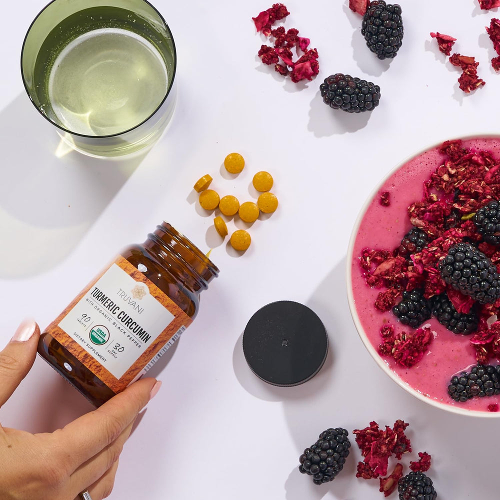 Truvani turmeric curcumin bottle on kitchen counter for daily use.