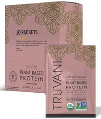 Truvani Vanilla Chai packaging showing organic vegan protein for on-the-go nutrition