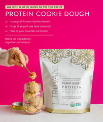 Truvani vanilla vegan pea protein on the go tote emphasizing travel friendly packaging