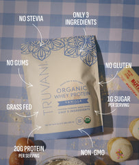 Truvani vanilla powder pour demonstrates easy shake preparation and taste.