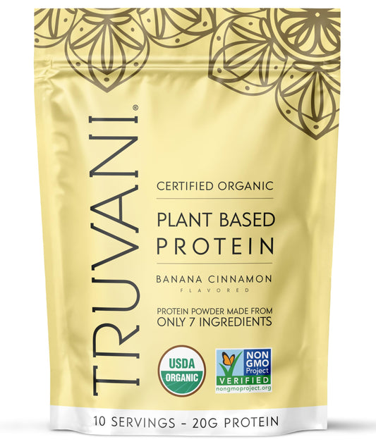 Truvani vegan pea protein banana cinnamon tub highlighting clean protein for smoothies