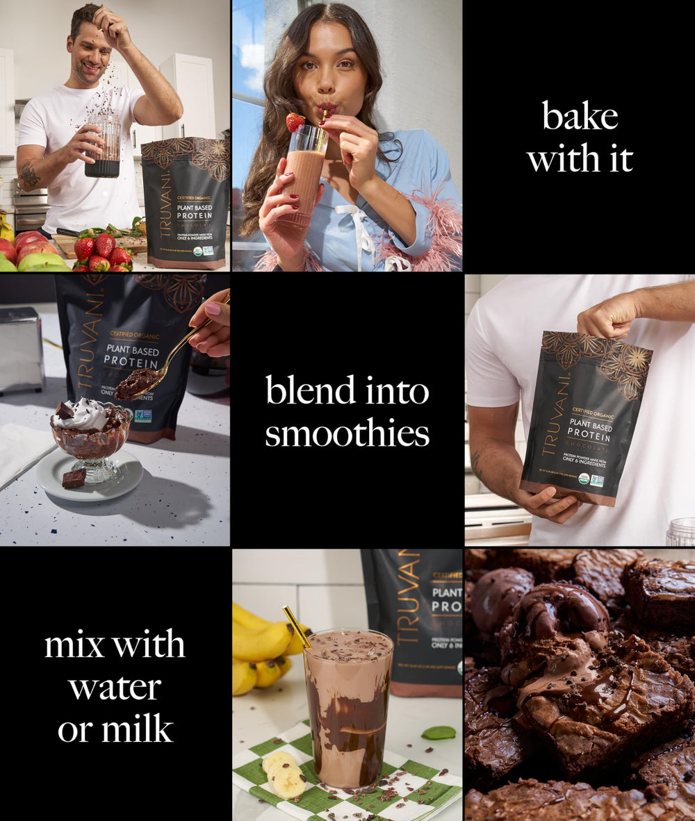 Truvani vegan pea protein chocolate gluten-free badge supports keto-friendly meals.