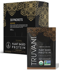 Truvani vegan pea protein chocolate packaging highlights clean organic nutrition for on-the-go fueling.