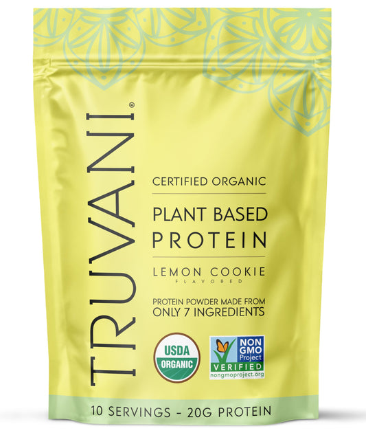 Truvani Lemon Cookie vegan pea protein tub showcasing organic ingredients for clean daily fueling.