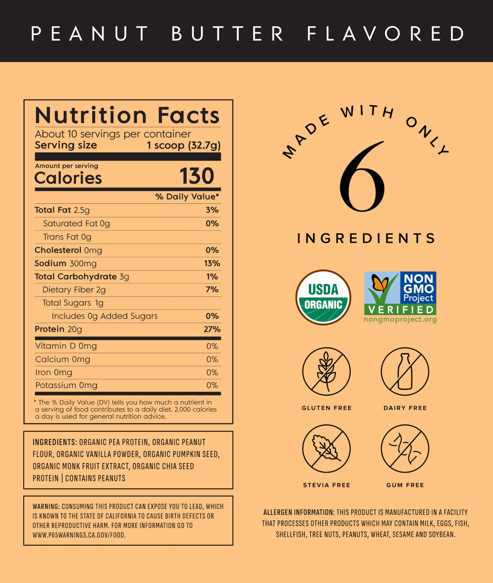 Truvani vegan protein tub back nutrition panel highlighting organic ingredients