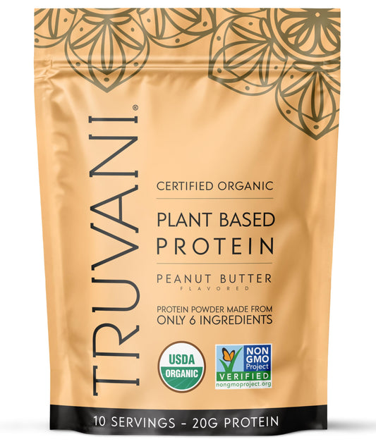 Truvani vegan pea protein peanut butter tub front showing clean packaging for healthy protein