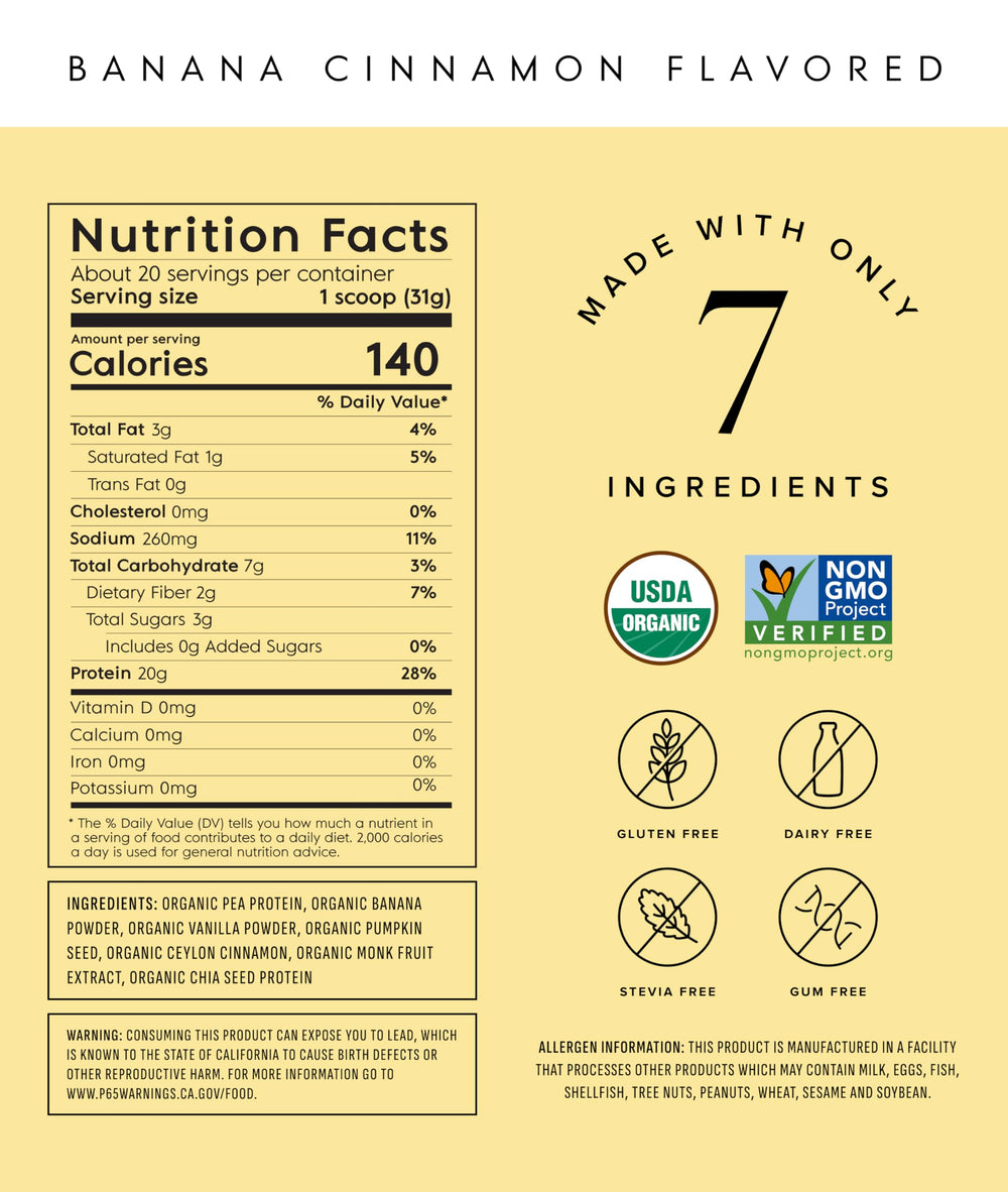 Truvani pea protein powder tub label showcases organic ingredients and clean nutrition.
