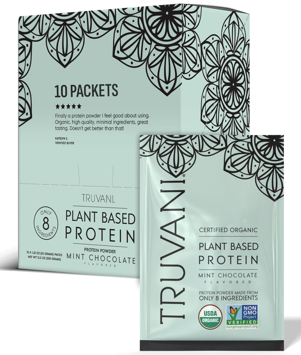 Truvani mint chocolate vegan pea protein bottle for clean fuel after workouts.
