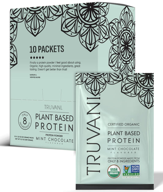 Truvani mint chocolate vegan pea protein bottle for clean fuel after workouts.