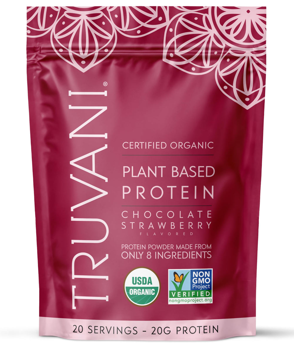 Truvani vegan pea protein bottle pour of chocolate strawberry flavor