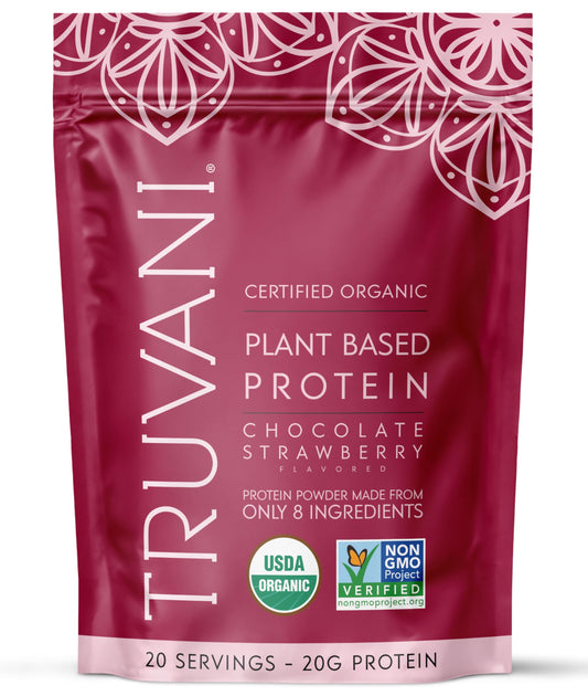 Truvani vegan pea protein bottle pour of chocolate strawberry flavor