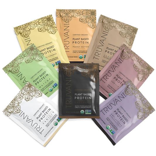 Truvani vegan pea protein label shows organic, non-GMO quality you can trust.