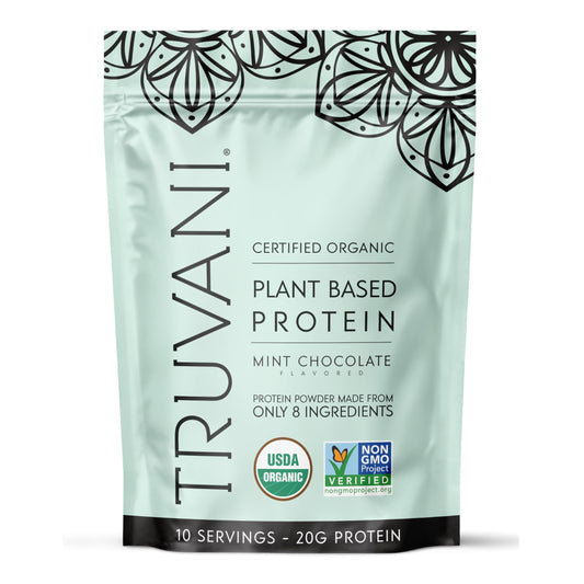 Truvani Mint Chocolate vegan pea protein powder tub for plant-based shakes