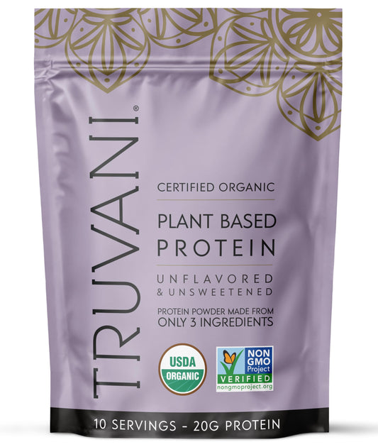 Truvani vegan pea protein powder unflavored shown for a clean, versatile shake option.