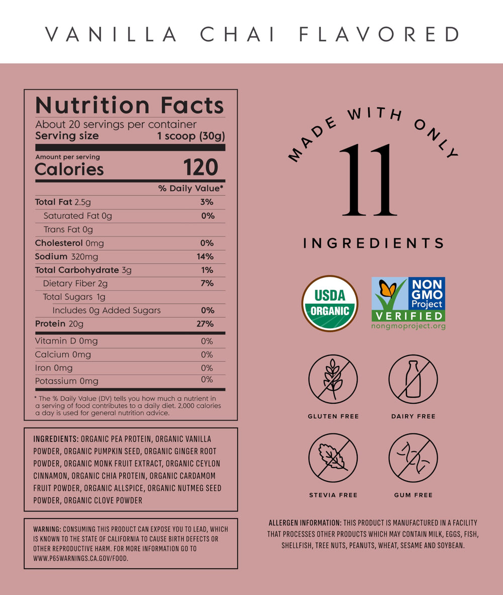 Truvani Vanilla Chai vegan protein powder tub open reveals simple, clean ingredients.