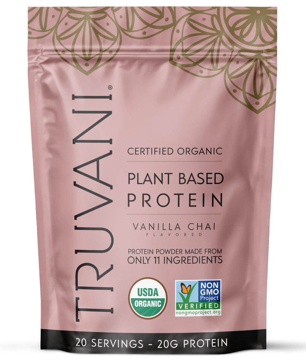Truvani Vanilla Chai vegan pea protein powder tub highlights premium ingredients for clean fueling.