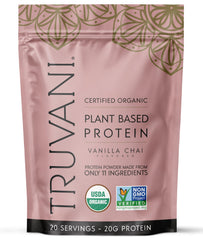 Truvani Vanilla Chai vegan pea protein powder tub highlights premium ingredients for clean fueling.