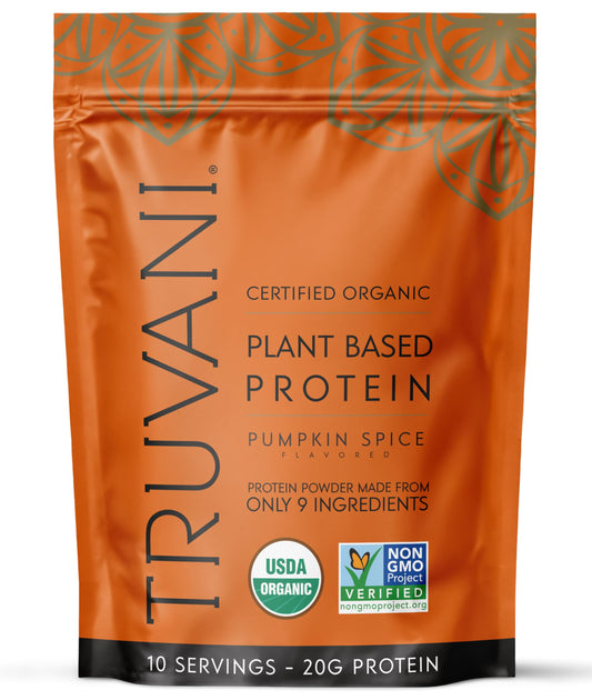 Truvani vegan pea protein pumpkin spice powder bag shows premium organic blend for shakes