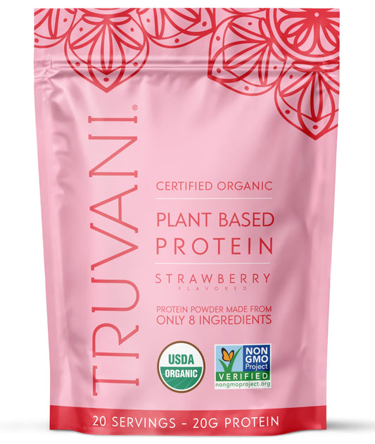 Truvani vegan pea protein powder strawberry label shows organic ingredients for clean nutrition.