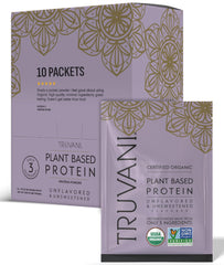 Truvani vegan pea protein unflavored packaging for clean, organic nutrition on the go