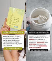 Truvani vegan protein powder label highlights organic and non-GMO ingredients