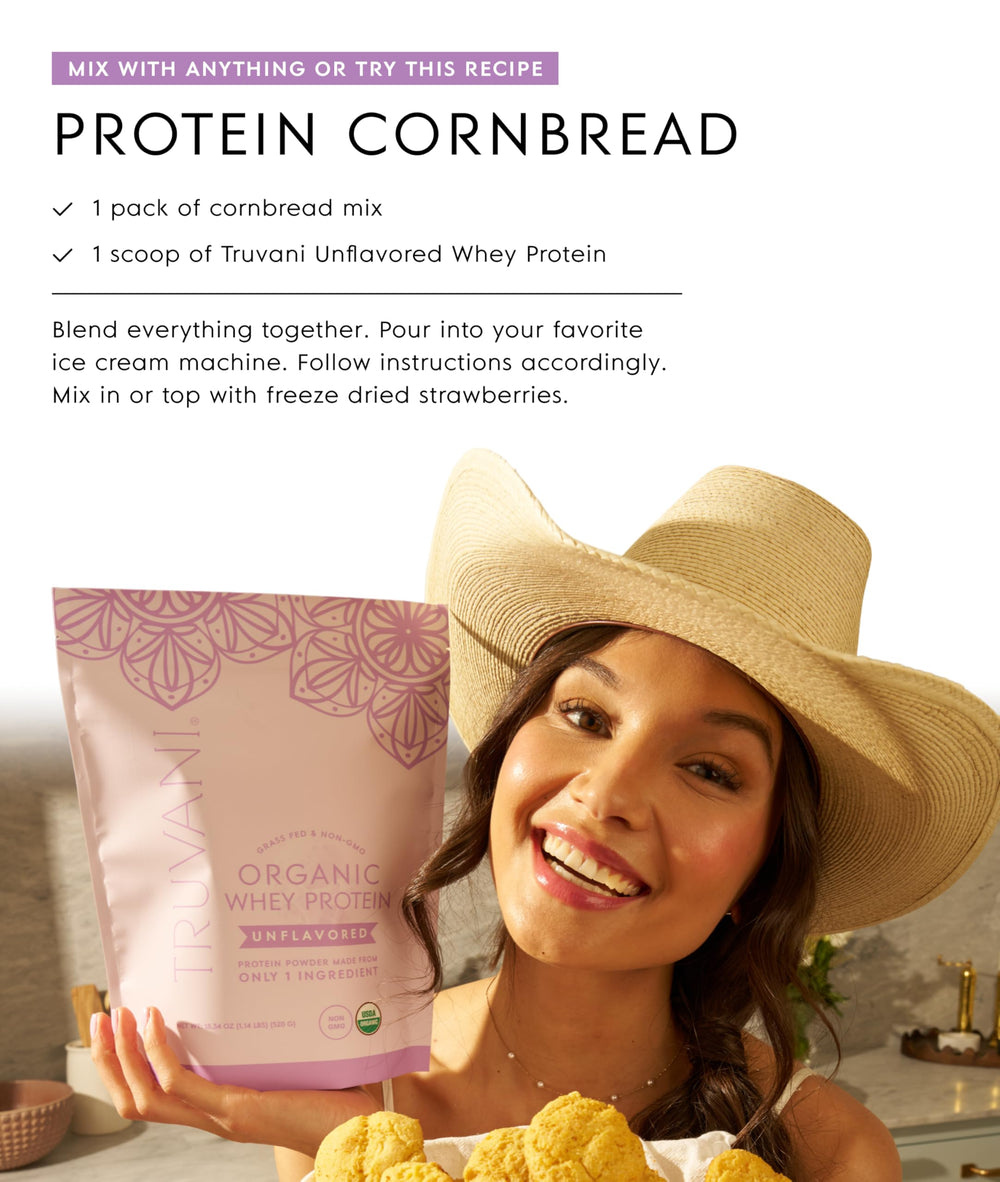 Truvani shake in bottle image suggests versatile use in smoothies and meals.