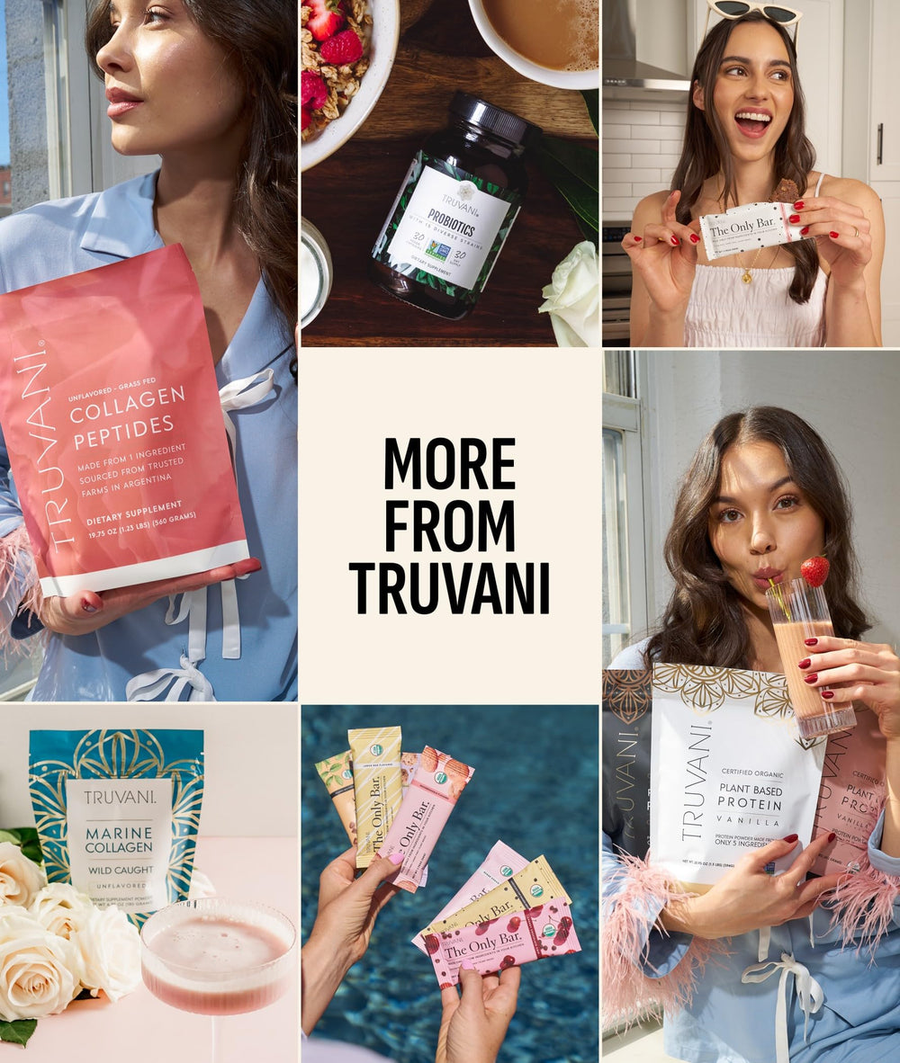 Truvani protein shake on glass highlights convenient daily nutrition.
