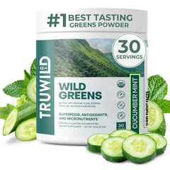 TruWild Greens Cucumber Mint tub shows vibrant powder for daily immune and digestion support