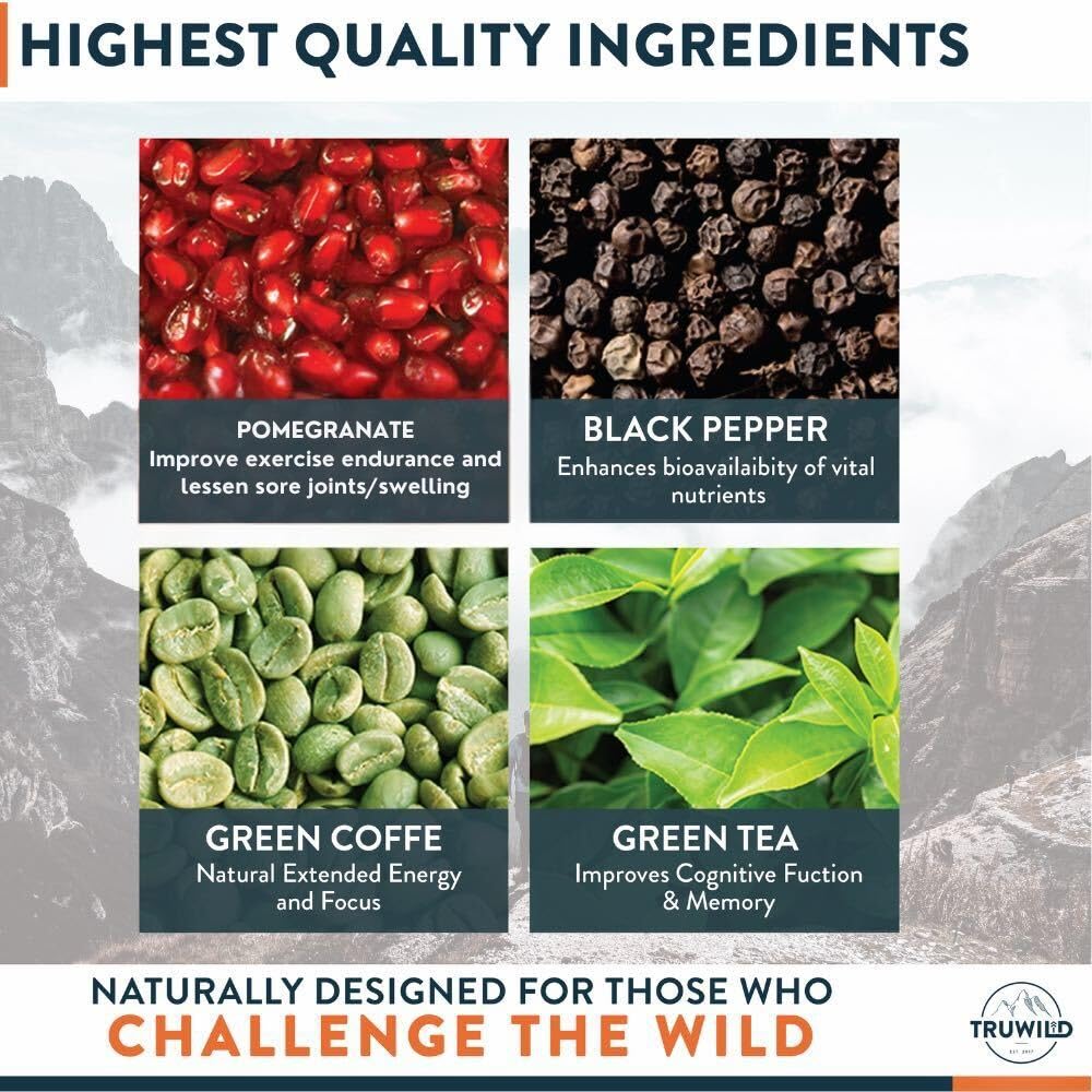 Close-up of TruWild Motion plant-based ingredients highlighting natural caffeine sources for steady energy.