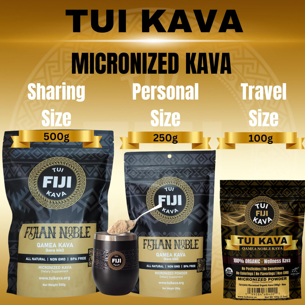 Label shows premium Fijian origin and clean formulation of TUI KAVA.
