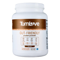 TumLove Chocolate vegan protein powder bottle demonstrates gut-friendly, gluten-free formula for everyday workouts.