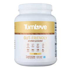 TumLove vegan protein powder vanilla jar side view, highlighting gluten-free and dairy-free benefits.