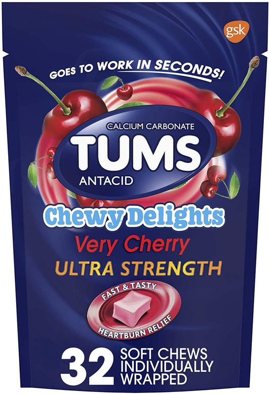 TUMS Chewy Delights Very Cherry bottle front, on-the-go flavor and value.