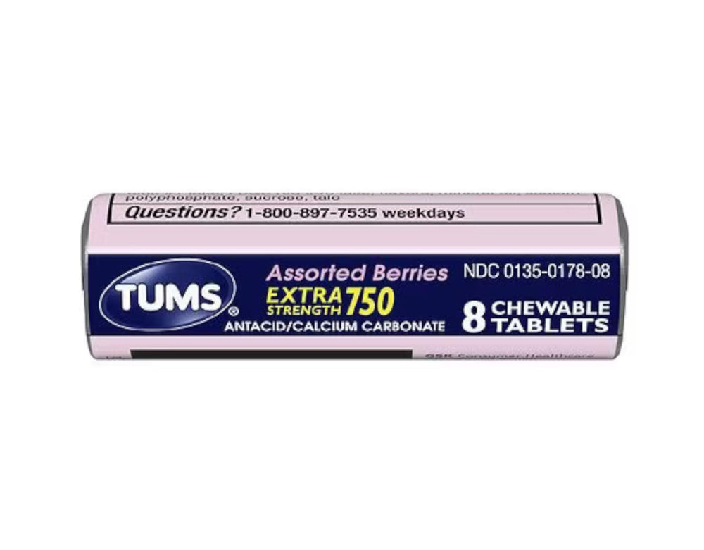 TUMS berry-flavored 750 antacid front packaging for easy daily use.