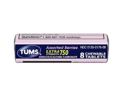 TUMS berry-flavored 750 antacid front packaging for easy daily use.