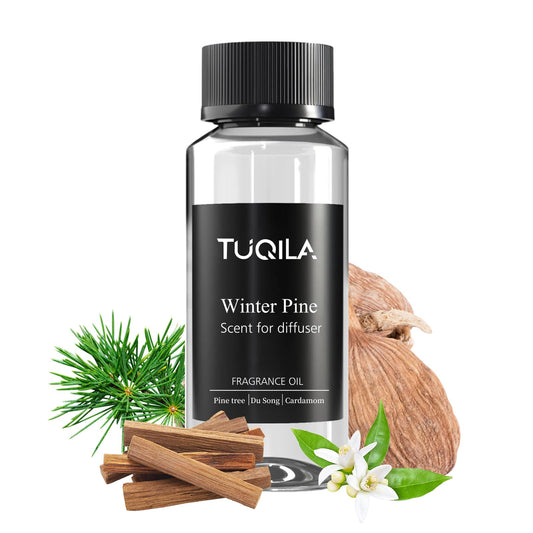 Tuqila Winter Pine diffuser oil bottle showing hotel-grade fragrance for refined spaces