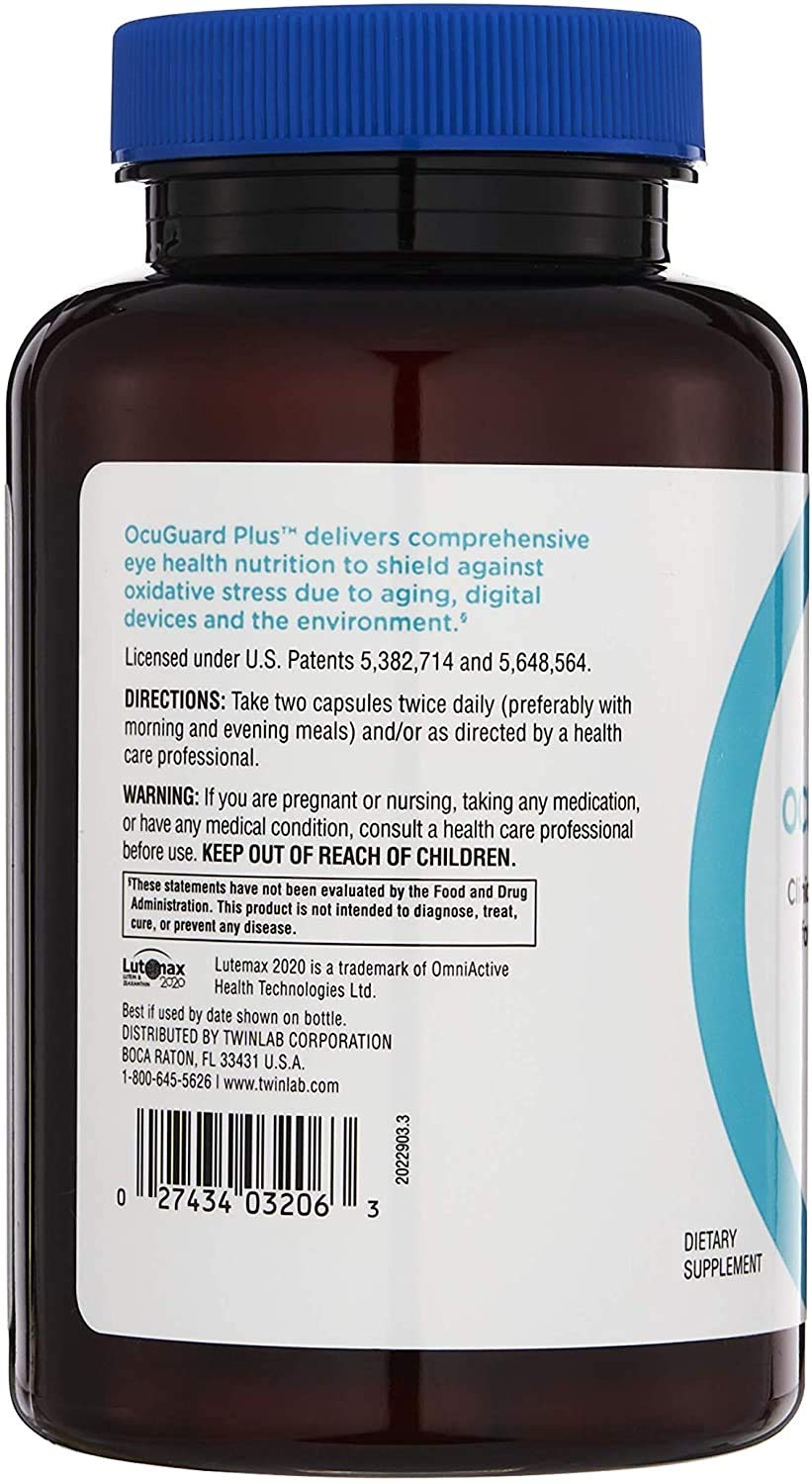 Twinlab Ocuguard Plus label close-up with nutrient list for eye support.