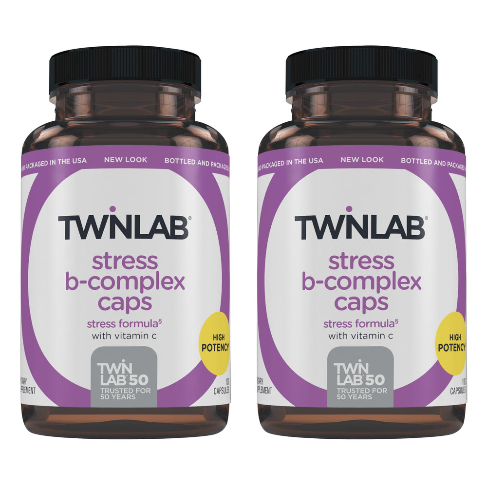 Twinlab Stress B-Complex bottle close-up showing daily energy support use.