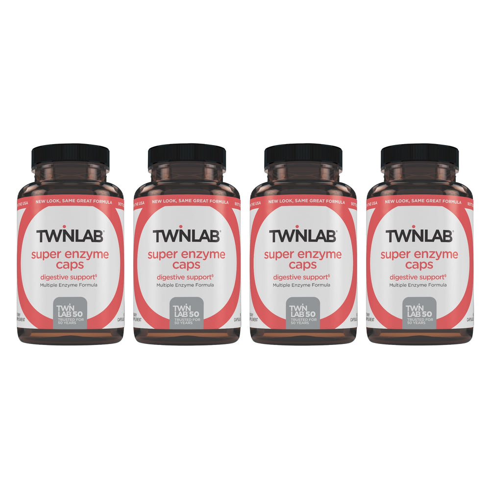 Twinlab Super Enzyme Caps bottle on kitchen counter for digestive support after meals
