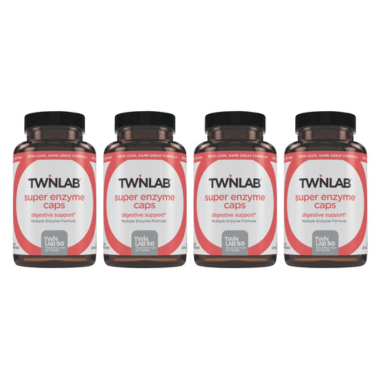 Twinlab Super Enzyme Caps bottle on kitchen counter for digestive support after meals