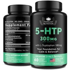 Twinleaf Nutrition 5-HTP bottle front highlighting vegan mood-support capsules.