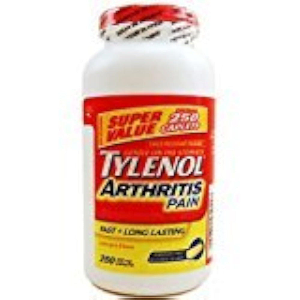 Tylenol Arthritis Pain bottle front showing a 250-count value pack for temporary relief