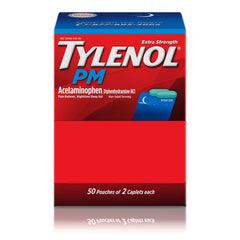 Tylenol PM Extra Strength dispenser box with 50 pouches for nighttime relief.