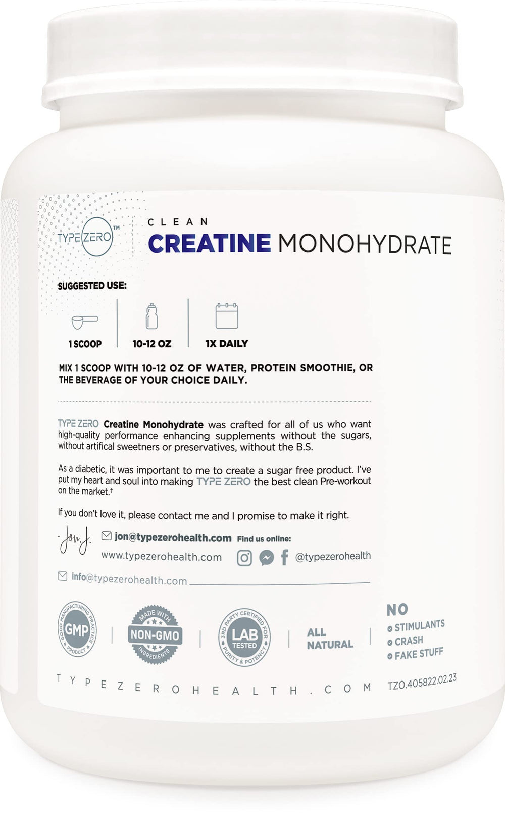 Type Zero Creatine Monohydrate scoop in bottle showing 5 g serving